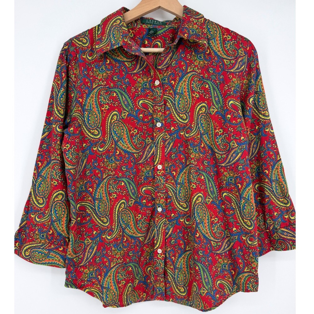 Lauren Ralph Lauren Women's Red Paisley Button Down Shirt Blouse Top Sz L Boho